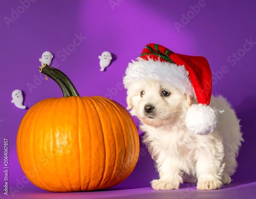 Fluffy White Puppy Wearing Santa Hat Beside Orange Pumpkin on Purple Background