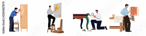 Canvastavla Set of professional restorers and conservationists working on antique furniture and fine art paintings using magnifying glasses for detailed inspection and repair