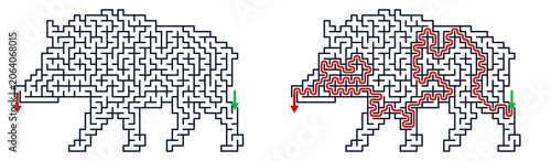 Maze puzzle featuring a boar with solution in red path  