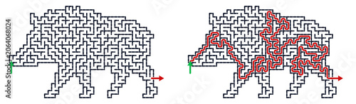 Maze puzzle featuring a boar with solution for kids activity games  