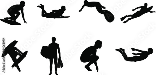 Foto Bodyboarding and water sports icon set featuring black silhouettes of surfers sw