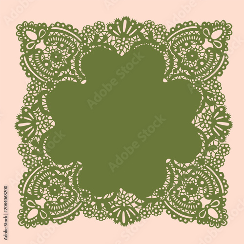 Elegant colorful lace Napkin, Frame. Beautiful shape, ornament, crochet doily borders. Hand drawn Vector illustration. Wedding invitation, greeting card, Valentine day concept. Isolated design element