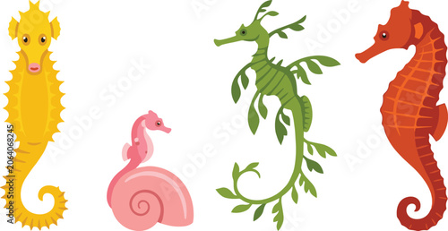 Konstfotografi Seahorse Marine Vector Illustration Featuring Yellow, Pink, Brown Species with L
