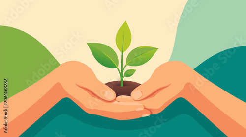 Human hands carefully holding a small green plant sprout, flat vector illustration symbolizing environmental conservation, sustainable ecology growth, nature protection and agriculture farming care.