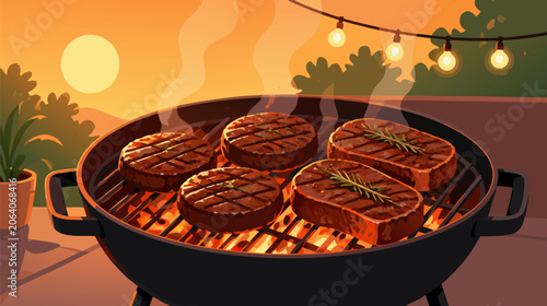 Hot barbecue grill loaded with fresh juicy burgers sizzling steaks and hot dogs smoking over glowing coals perfect for summer cookouts outdoor picnics and backyard grilling events flat vector design