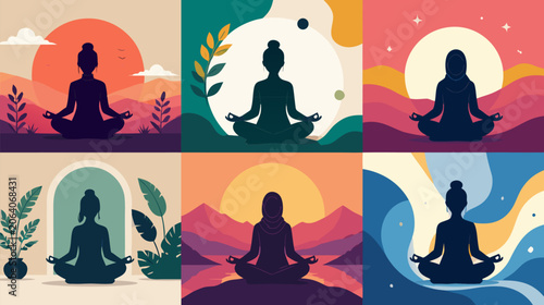 Peaceful Silhouette of a Person Meditating in the Lotus Yoga Pose, a Minimalist Flat Vector Illustration Symbolizing Mindfulness Wellness Zen and Inner Harmony for Modern Health Design Projects