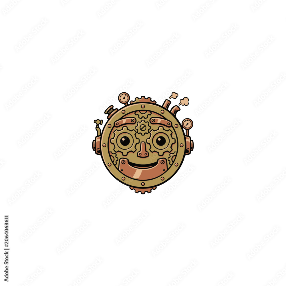 Fototapeta premium Steampunk Robot Mascot Face Featuring Brass Gears, Pressure Gauges, Steam Pipes And A Cheerful Expression, Perfect For Sci‑Fi, Retro‑Futuristic And Industrial Design Vector Illustration