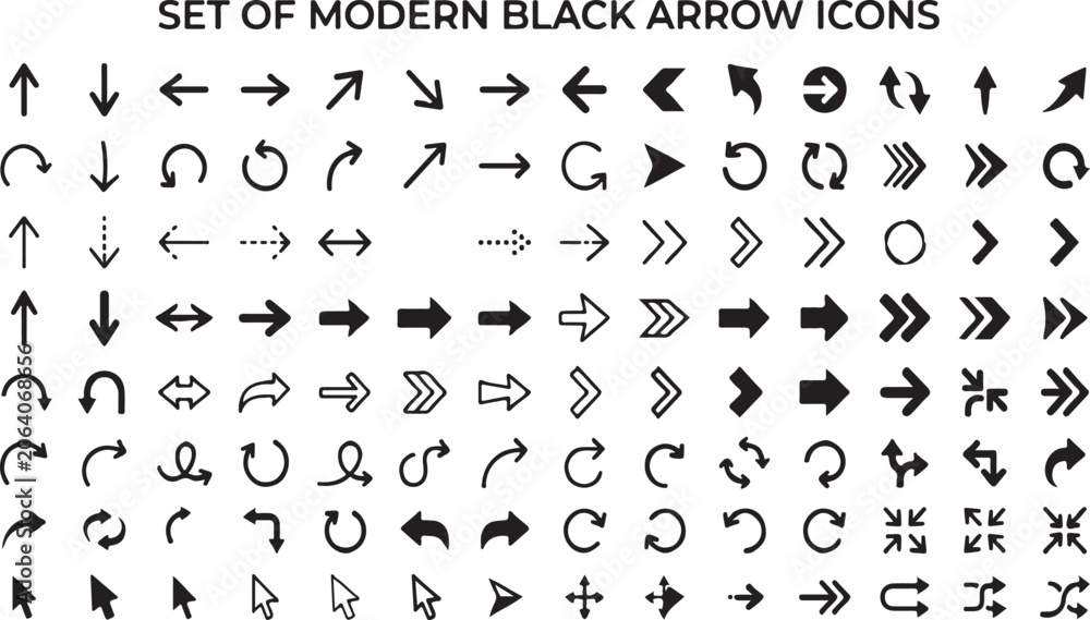 Fototapeta premium Set of Modern Black Arrow Icons, Minimalist Navigation Pointer Cursor and Web Interface Elements Vector Isolated on White Background