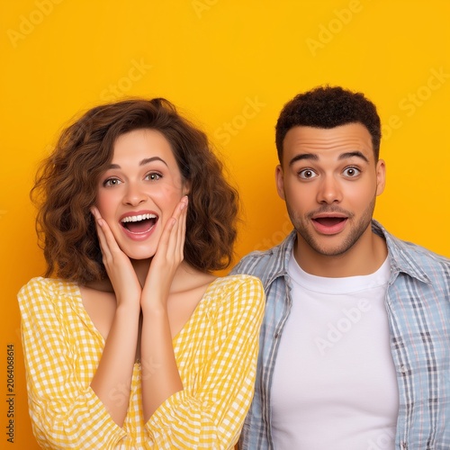 Excited young couple showing surprised expressions on yellow background.