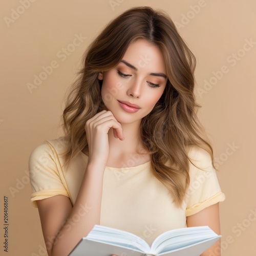 Young woman enjoying reading and learning from an open book.
