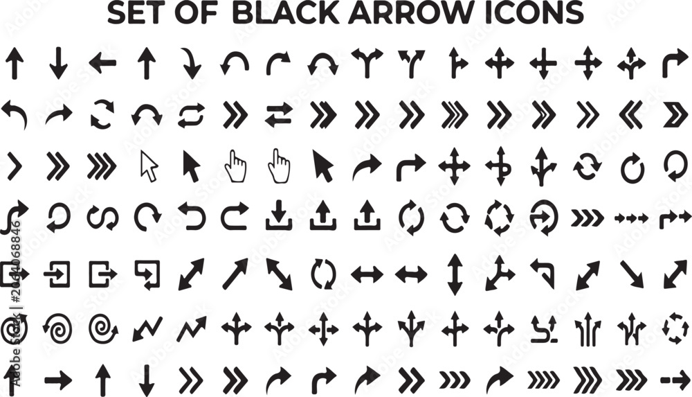 Obraz premium Set of Black Arrow Icons, Universal Navigation Pointer Cursor Refresh and Upload Web Symbols Vector Illustration Isolated on White Background