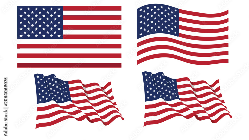 Fototapeta premium Set of american flags in different styles, flat and waving