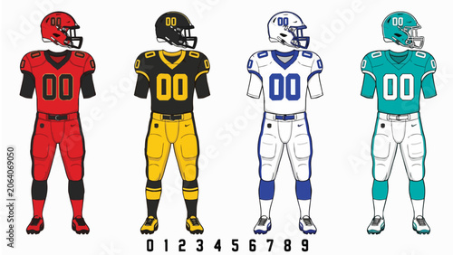 Set of american football uniforms in four different colors with helmets and jerseys