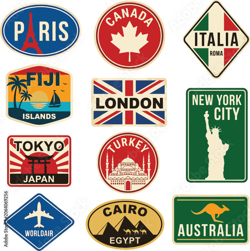 Global travel destination stickers with iconic landmarks and symbols