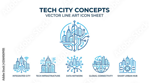 Tech City Concepts: Smart Urban Hub, Integrated City, Data Network Icons