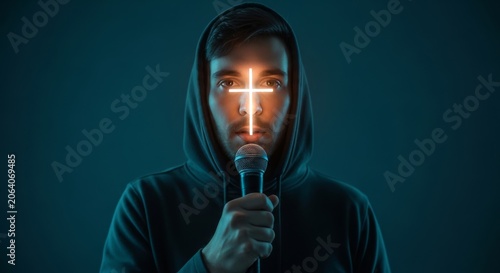 Man in hoodie holding microphone with a glowing cross over his face, concept of faith, religion, and expression
