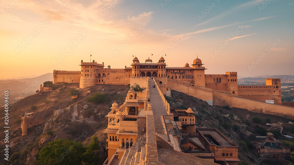 Obraz premium Amber Fort at twilight with subtle illumination, dramatic sky transitions, wide panoramic scene, extensive copy space above the fortress, refined color harmony of deep blue and warm amber