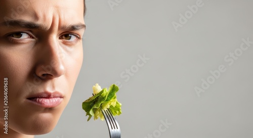 Young woman with a displeased expression looking at a fork with lettuce. Unhappy girl trying to eat healthy