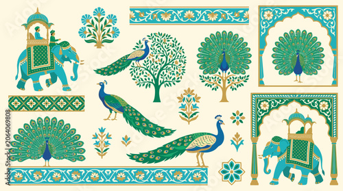 Traditional Indian Folk Art Elements Set Featuring Decorative Peacocks, Royal Elephants, and Floral Motifs in Rajasthani Style