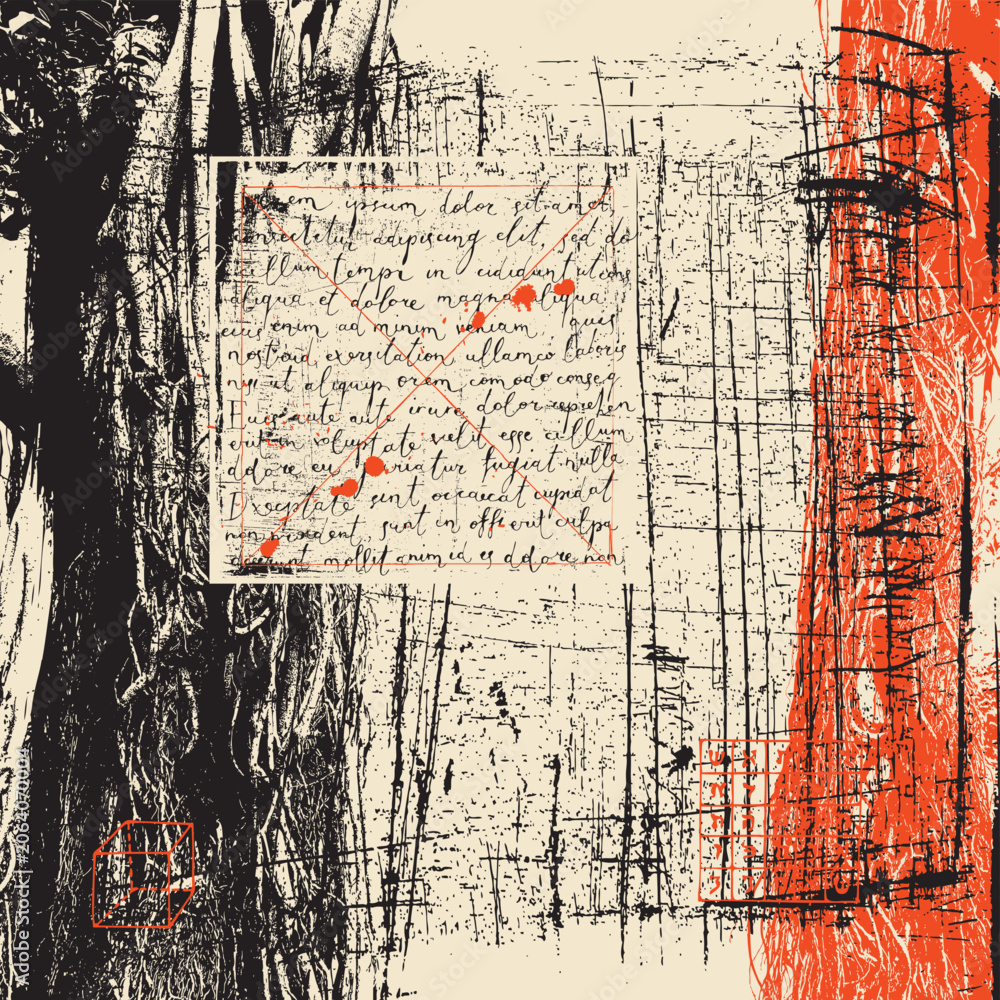 Naklejka premium Vector abstract background or texture featuring a realistic image of an old forest tree with roots and branches, and handwritten Lorem Ipsum text on grunge style. Occult, magic, witchcraft, fantasy