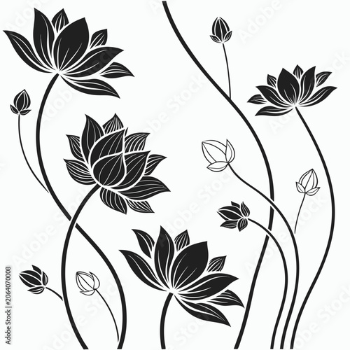 lotus seamless pattern silhouette on white background