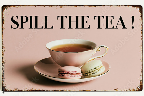 Vintage spill the tea pink enamel tin sign with rustic distressed edges teacup and macarons isolated white background.