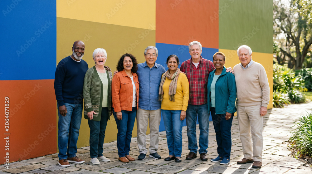 Obraz premium Diverse group of happy smiling seniors standing together near a vibrant colorful wall, minimalist joyful elderly community and aging well concept 