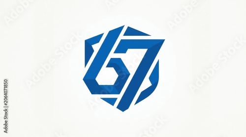 Abstract Geometric Number 67 Blue Logo Icon on White Background