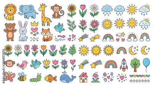 Schilderij op canvas Colorful kawaii sticker collection with animals flowers and weather
