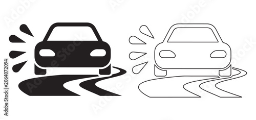 Two abstract graphic representations of a car driving on a winding road with motion splashes