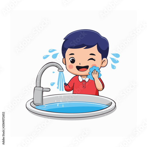 Cute boy washing face at sink with water and sponge