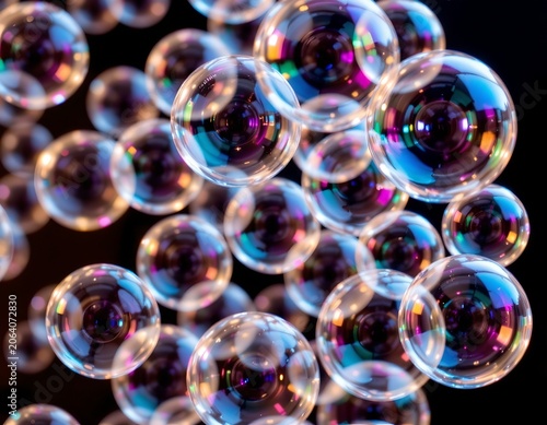 Floating Colorful Bubbles with Reflection and Light Streaks