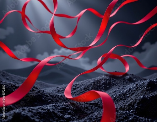 Vivid Red Ribbons Dramatic Dark Landscape