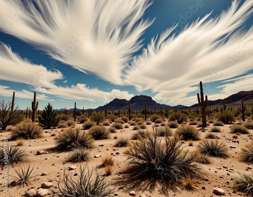 Vast Desert Landscape with Cacti Under Bright Blue Skies
