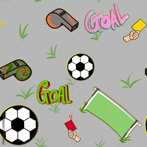 Konstfotografi A colorful seamless soccer pattern featuring footballs, goal nets, referee whistles, red and yellow cards, goal text, and grass elements on a blue background