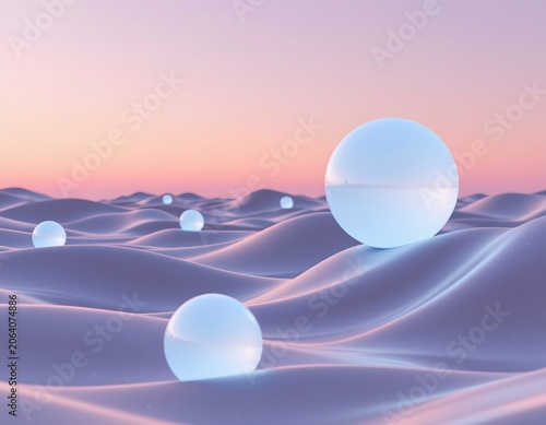 Futuristic Scene Floating Luminescent Spheres and Metallic Waves