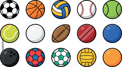 Sports balls vector line icon set featuring traditional soccer basketball volleyball baseball tennis golf rugby cricket bowling and water polo equipment graphic elements for league school athletic bra