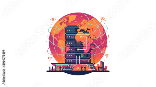 Global Network Server Data Center with Earth Globe and Connections