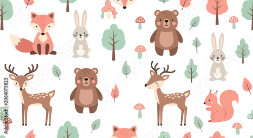 Cute Woodland Animals Seamless Pattern: Fox, Bear, Deer, Rabbit, Squirrel