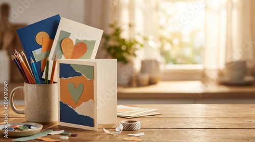 Handmade paper greeting cards with torn paper heart collage and colored pencils on wooden table