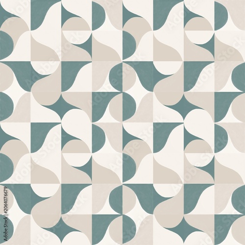 Organic Geometric Seamless Pattern in Teal, Beige and Ivory