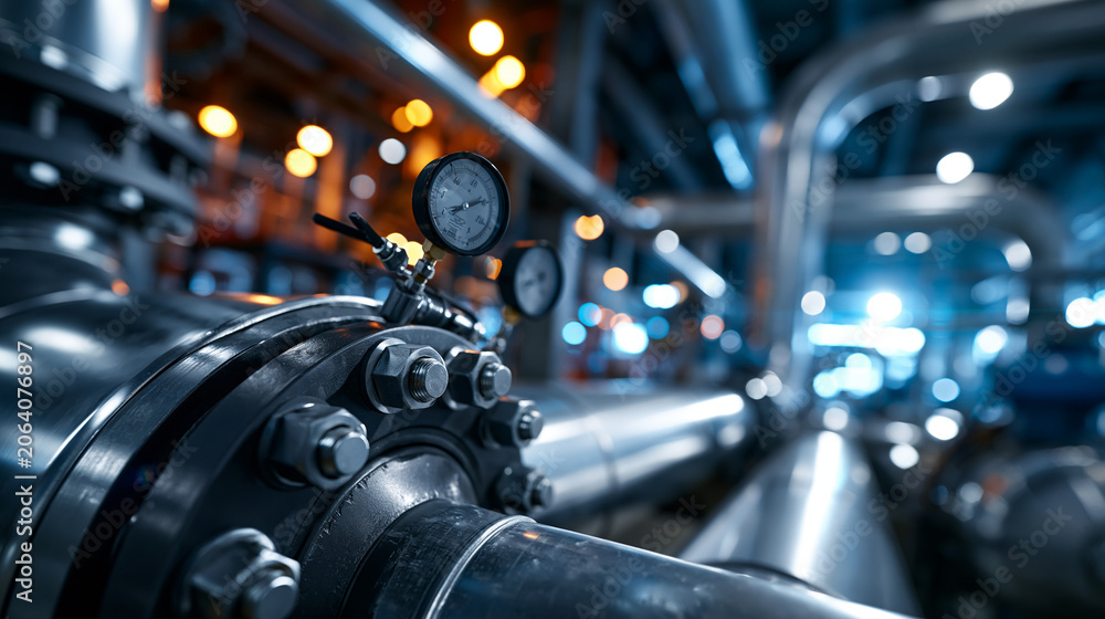 Fototapeta premium Large petrochemical plant with complex pipeline equipment in an industrial zone with realistic metal textures, bolts, gauges and worn industrial surfaces, showing maintenance workflow,