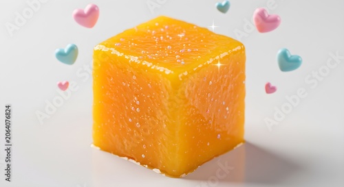 Vibrant orange candy cube with sprinkles and hearts for festive celebration marketing