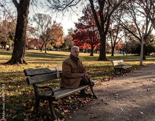 Elderly Man Sitting Quietly on Park Bench in Autumn Afternoon Light