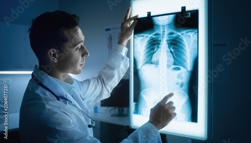 Medical Professional Examines X-Ray Image in Clinical Environment, Focused on Patient's Thoracic and Abdominal Anatomy for Accurate Diagnosis and Treatment