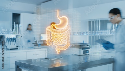 3D Digital Model of Human Digestive System in Laboratory Environment with Scientist Analyzing Data in Modern Research Facility