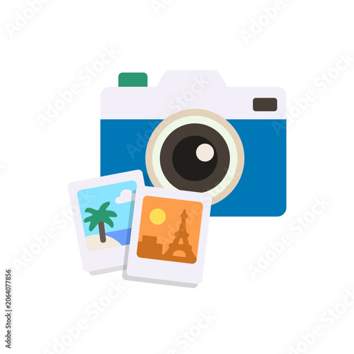 Flat camera with travel photo prints icon representing photography, memories, vacation, digital media, travel, and image collection.