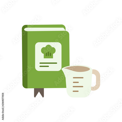 Flat cookbook with cup icon representing recipes, cooking guides, meal planning, culinary education, and home kitchen inspiration.