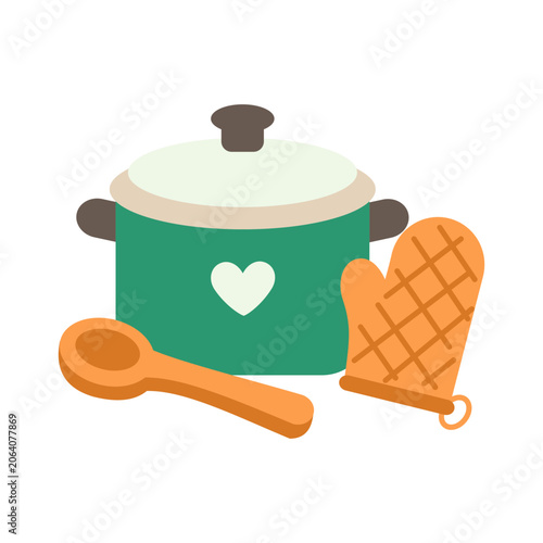 Flat cooking pot with spoon and oven mitt icon representing home cooking, kitchen utensils, healthy meals, recipes, and culinary preparation.