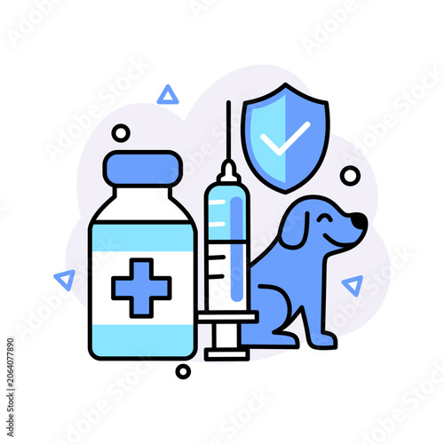 Flat veterinary healthcare icon with vaccine bottle, syringe, shield, and dog representing pet vaccination, animal care, and veterinary protection.